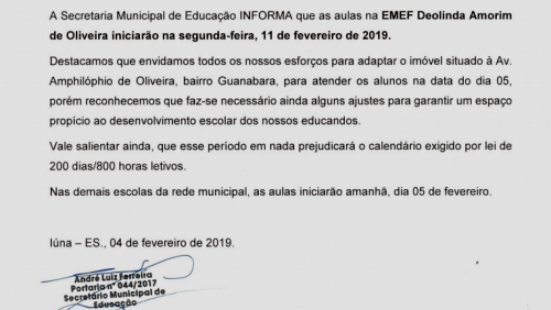 Início das aulas do EMEF Deolinda Amorim de Oliveira será no dia 11 de fevereiro